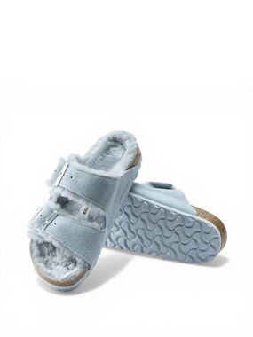 Birkenstock Shearling Arizona Sandals Suede Blue Slides